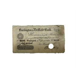 Burlington & Driffield Bank five pound note, 'No. B1097 Burlington 6th April 1880', with hole punch cancel