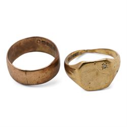 Gold wedding band and a gold signet ring, both hallmarked 9ct