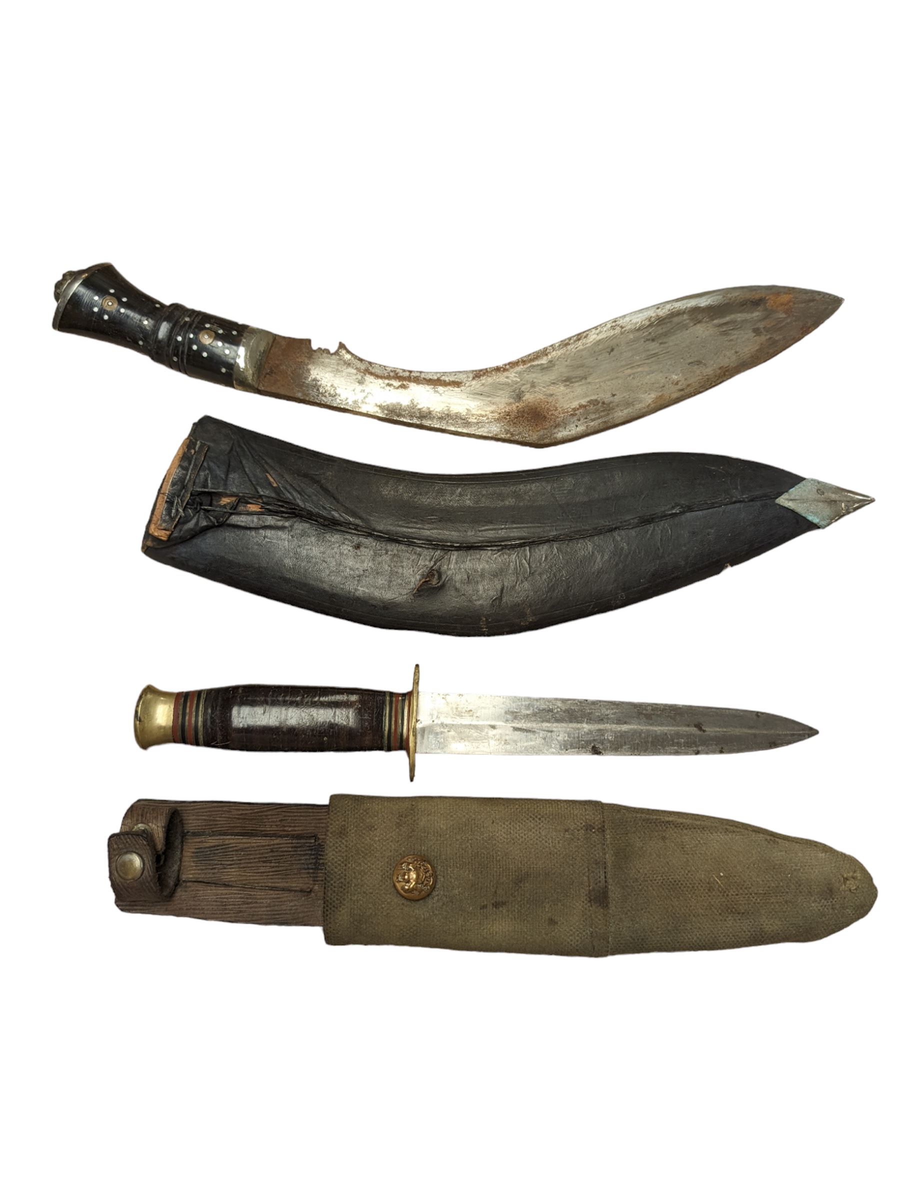 Kukri knife, with ebonised wooden handle in a leather sheath, together with another knife, stamped Taylor Sheffield