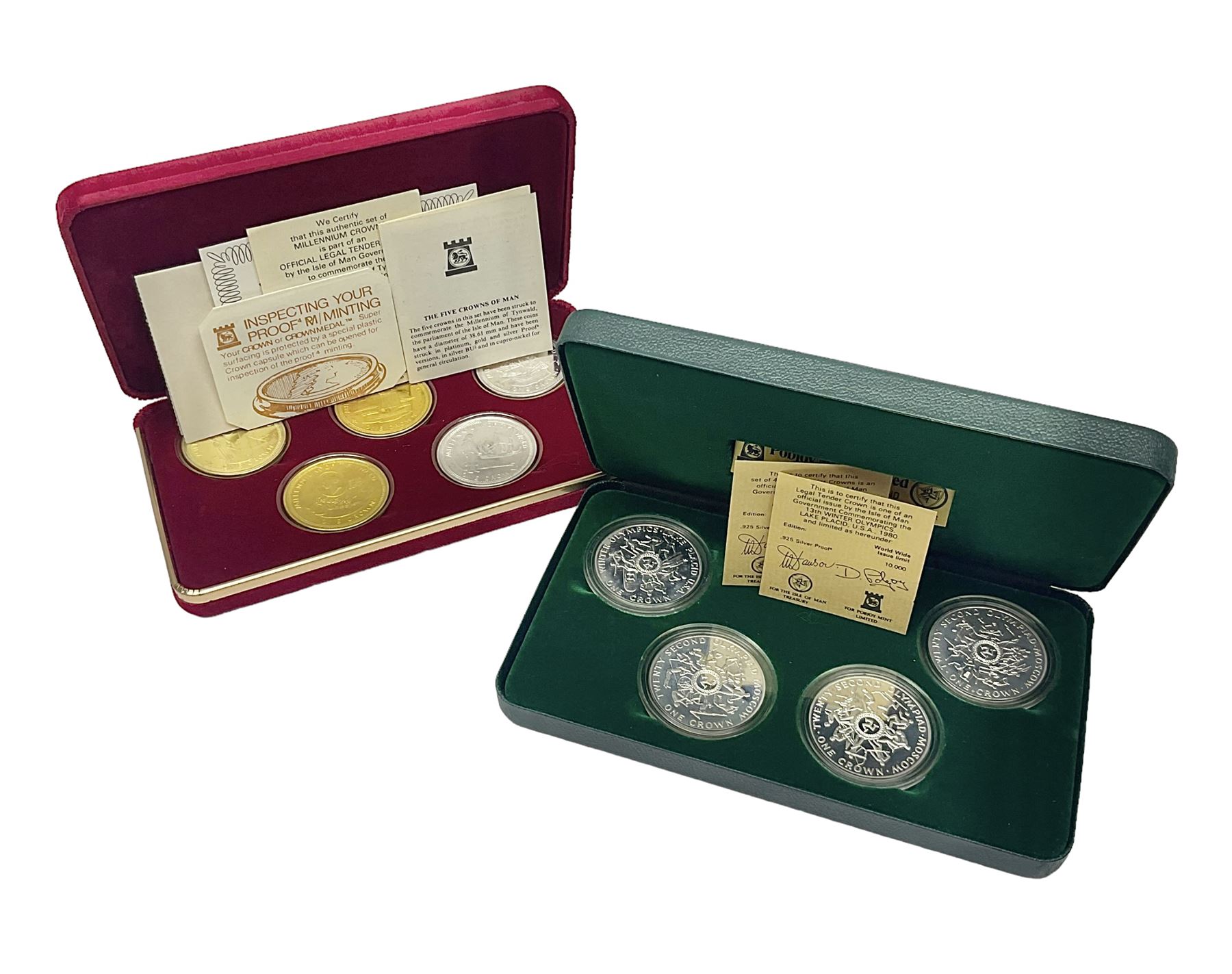 Queen Elizabeth II Isle of Man 1980 'Commemorating the 1980 Olympics' silver proof crown four coin set and 1979 '1000th Anniversary of Tynwald' silver proof crown five coin set, both sets cased with certificates 