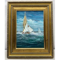 Brian Mays (British 1938-2005): 'Marionette IX at the Point of Losing her Mast - Cowes Week 1986', oil on board signed, titled verso 39cm x 29cm 
Provenance: direct from the family of the artist.