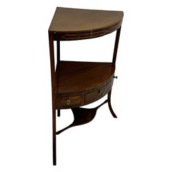 George III mahogany two-tier corner washstand, the inlaid top with geometric border, central drawer flanked by two faux drawers each with brass pull handle, on splayed supports united by shaped under-tier