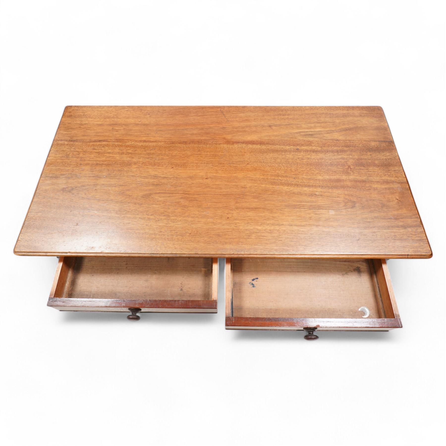 Victorian mahogany side table, moulded rectangular top over two drawers, on rope twist supports with brass cups and castors 