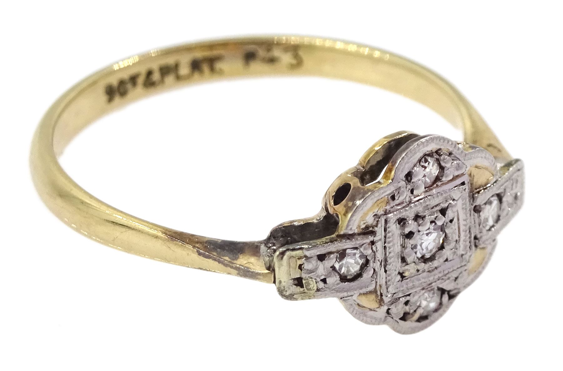 Art deco gold and platinum milgrain set diamond ring, stamped 9ct & Plat