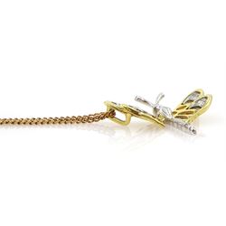 18ct white and yellow gold butterfly pendant, each wing set with a round brilliant cut diamond, Birmingham import mark 1977, on 9ct gold chain link necklace