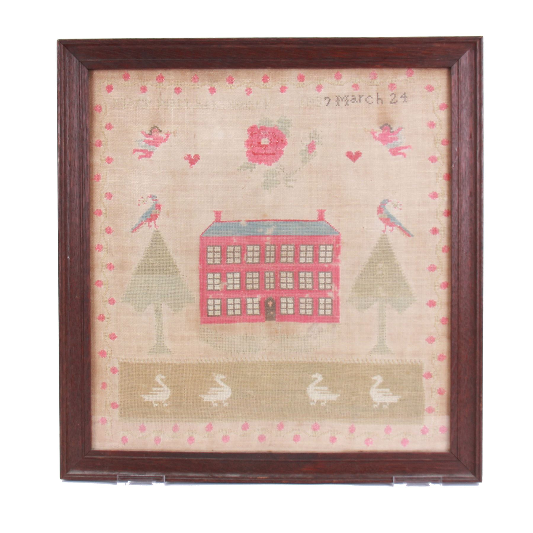 Victorian sampler, by Mary Platt, dated 2oth March 1837, depicting a country house flanked by trees surmounted by birds, the lawn before populated by four swans, with two putti and rose above, within a strawberry vine border, in oak frame, sampler 43.5cm x 41cm