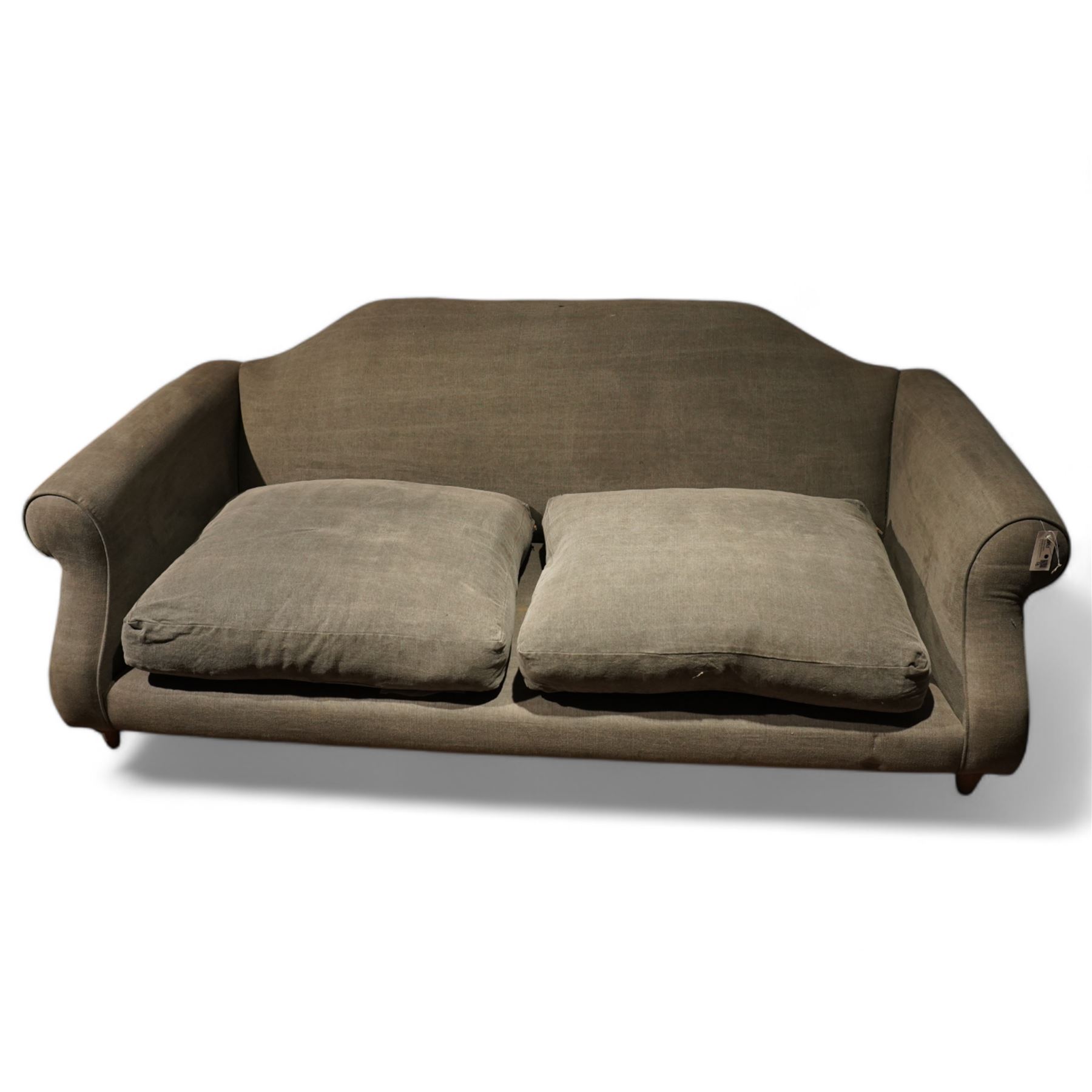 Loaf - grande traditional shape three two sofa, shaped back over rolled arms, upholstered in stone-grey fabric, on turned oak feet