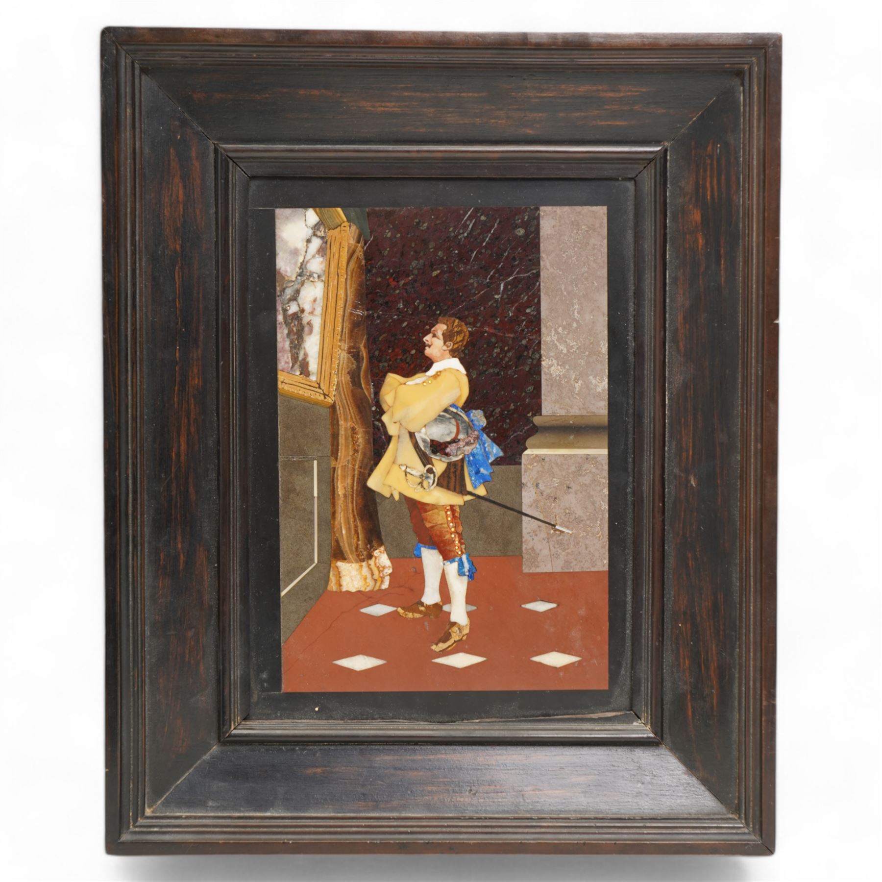 Italian School (Early 20th century): Portrait of a Cavalier Observing a Painting, inlaid marble pietra dura plaque unsigned, with Berlin seal stamp verso 21cm x 15cm held within a stepped coromandel frame overall 32cm x 26cm 