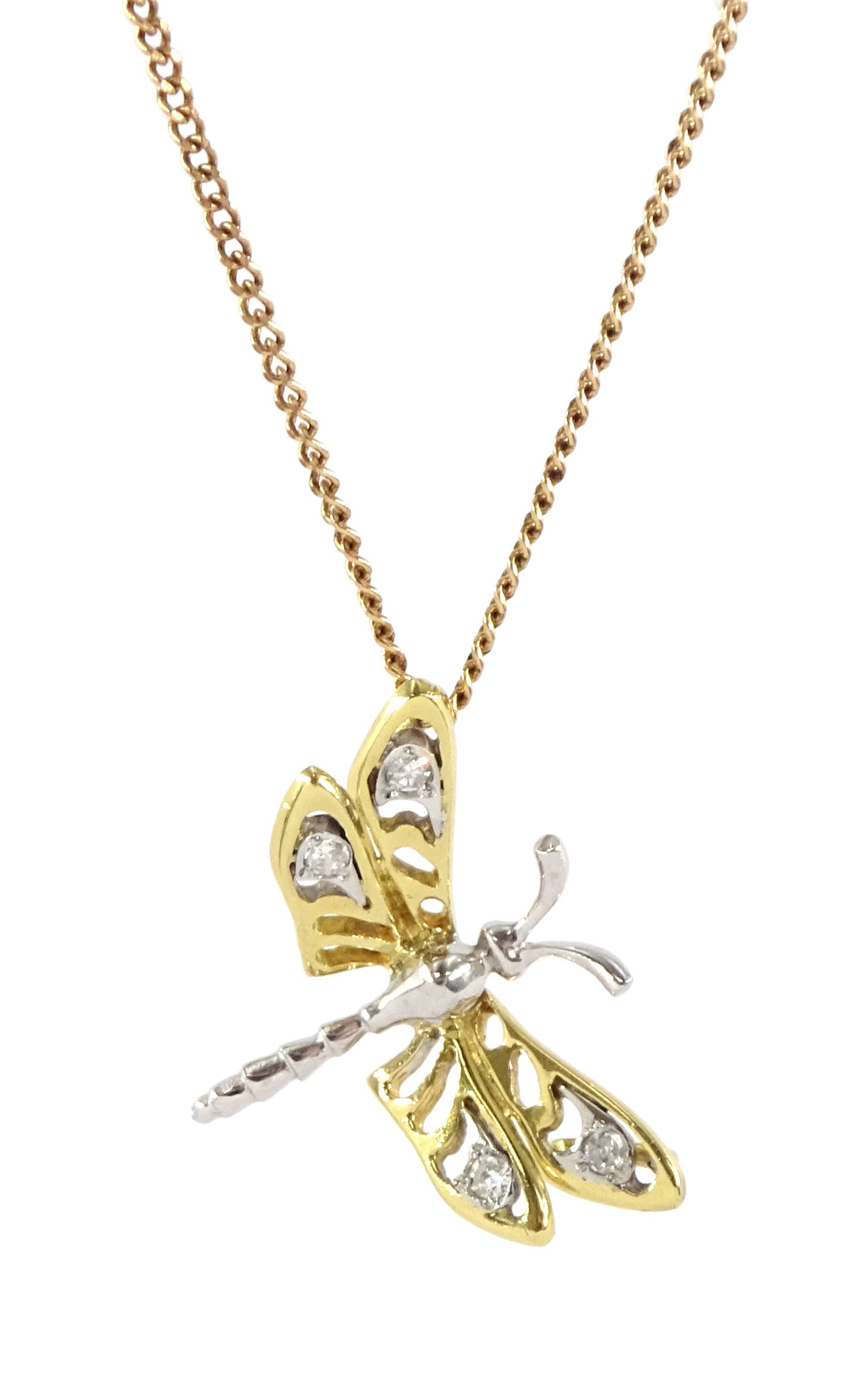 18ct white and yellow gold butterfly pendant, each wing set with a round brilliant cut diamond, Birmingham import mark 1977, on 9ct gold chain link necklace