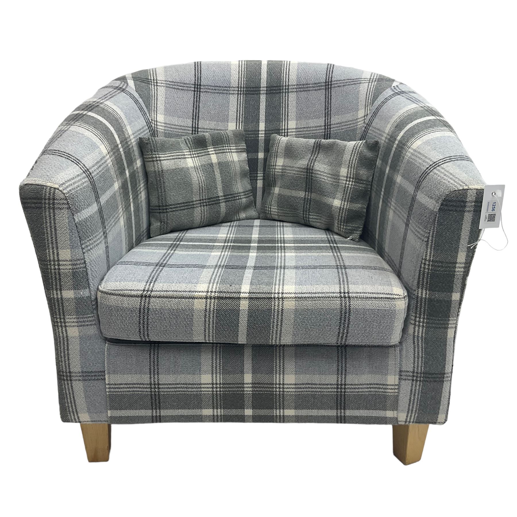 Tub shaped armchair, upholstered in tartan fabric