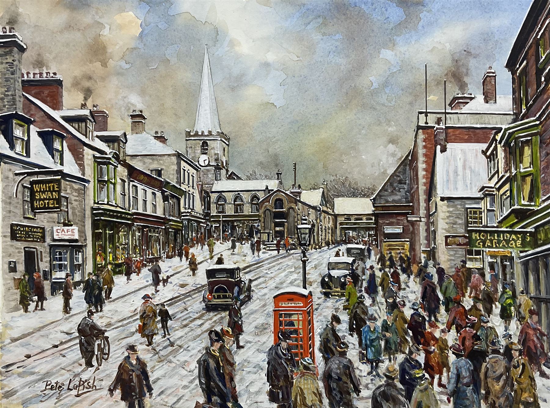 Peter Lapish (British 1937-): 'Market Place Pickering circa 1930s', acrylic on paper signed, titled verso 27cm x 37cm