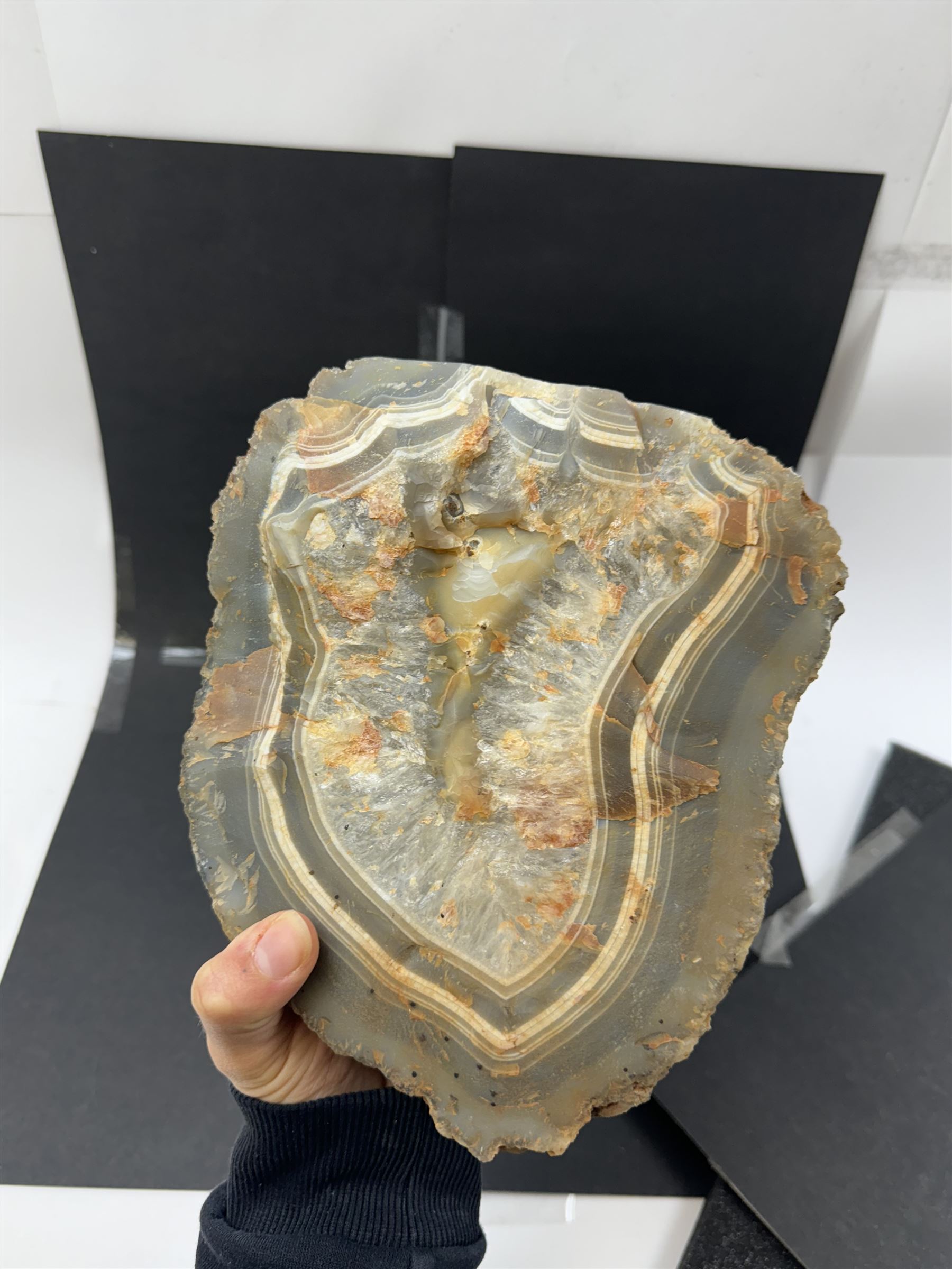 Polished agate geode with blue and white tones, with rough edges, H20cm