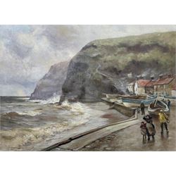 Robert Jobling (Staithes Group 1841-1923): A Blustery Day - Staithes, oil on canvas unsigned 54cm x 74cm 
Provenance: acquired by the vendor from the artist's great-grandson approximately 20 years ago - never previously been on the open market