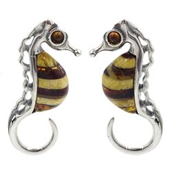 Pair of silver Baltic amber seahorse stud earrings, stamped 925