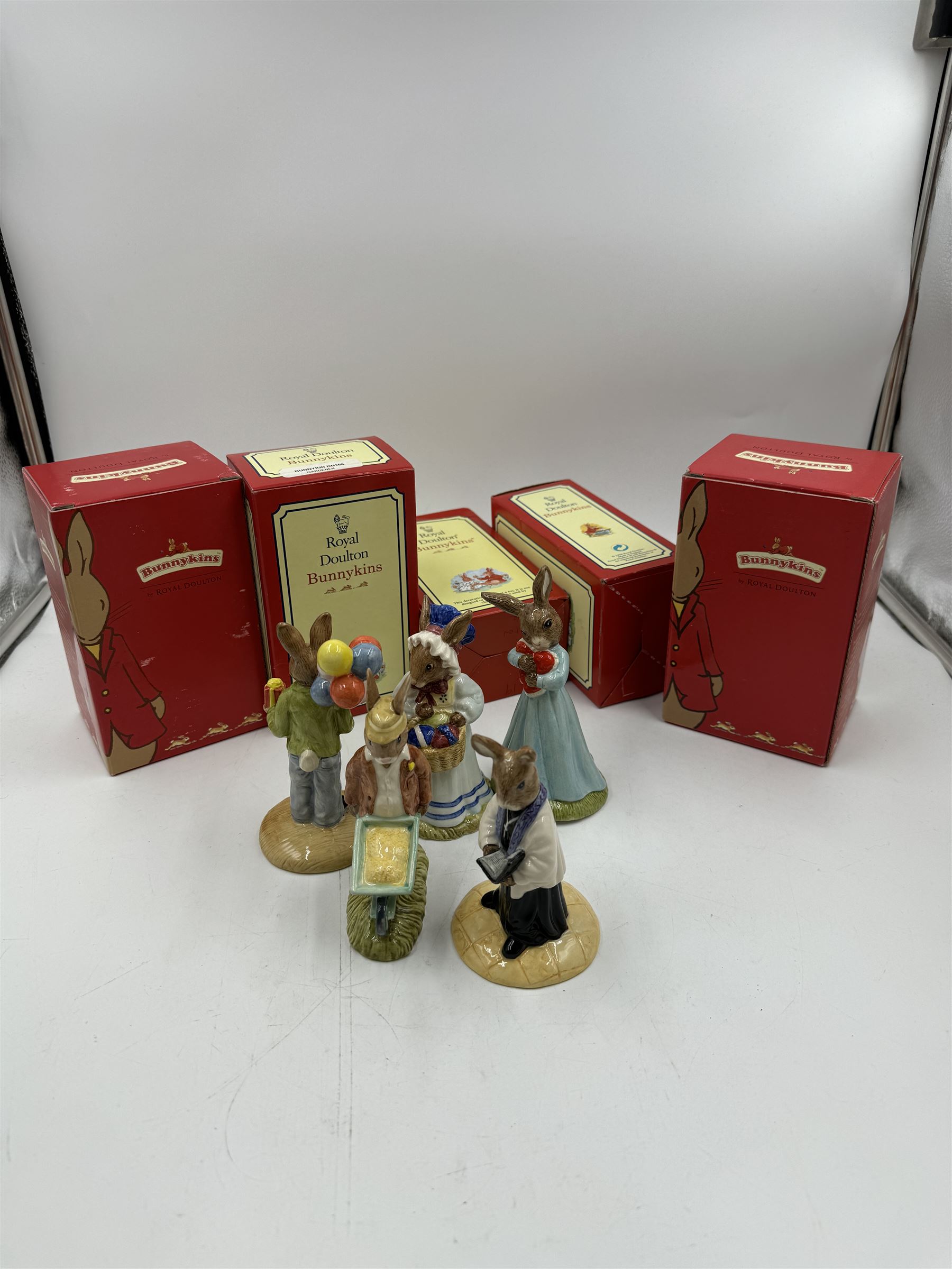 Five Royal Doulton Bunnykins, comprising Love Heart, Congratulations, Gardener, Vicar and Easter Parade all with original boxes 