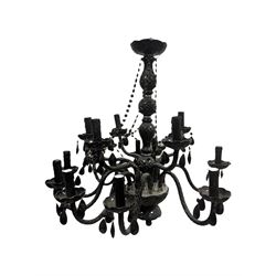 Two classical black glass fourteen branch chandeliers