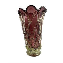 Large 20th century Italian hand blown amethyst glass vase, possibly Murano, with lattice effect overlay, H33.5cm