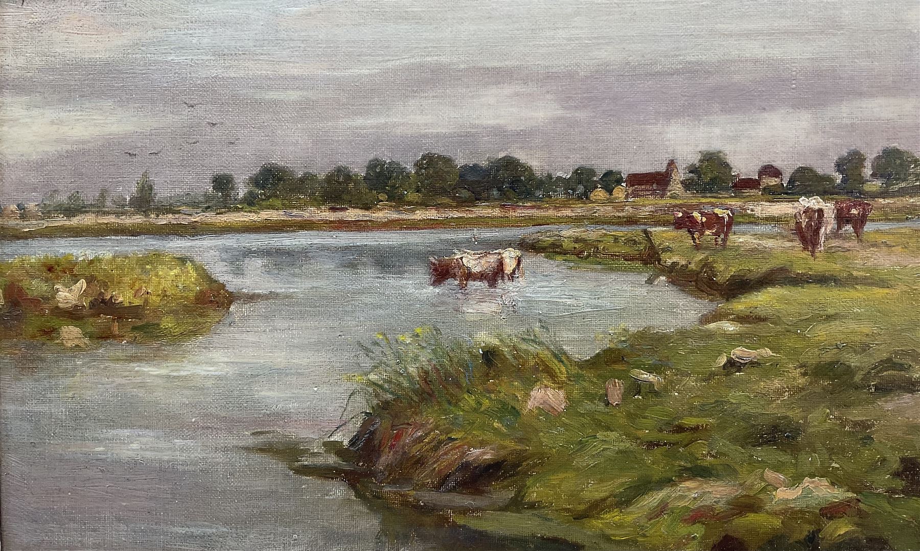 Frederick William Jackson (Staithes Group 1859-1918): Cattle Taking a Drink, oil on canvas laid on board unsigned 19cm x 31cm 
Provenance: exh. Phillips & Sons Cookham, October 1988, label verso