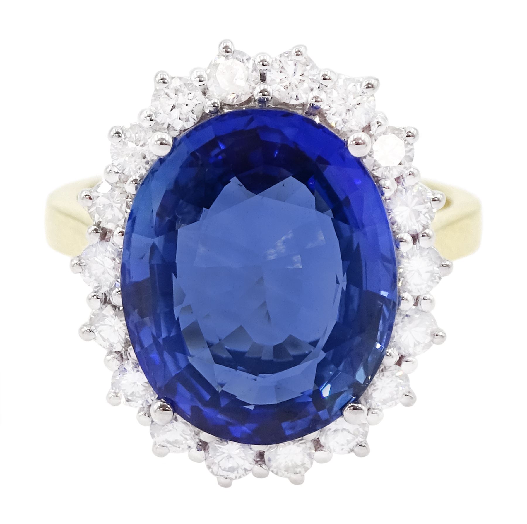 18ct gold oval cut unheated sapphire and round brilliant cut diamond ring, sapphire 7.46 carat, total diamond weight approx 0.70 carat, with Reunigem-Lab report