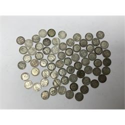 Approximately 90 grams of Great British pre 1920 and approximately 80 grams of pre 1947 silver threepence coin