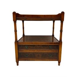 Wade - pair of Georgian design yew wood bedside or lamp tables, each with raised tray top over single shelf, the lower section fitted with two drawers with brass ring handles, raised on turned supports