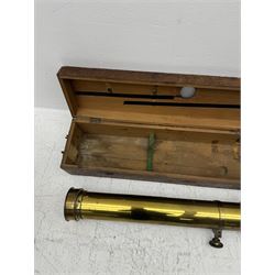 19th century brass reflecting telescope by Dring & Fage, London, the cylinder with inter-changable eyepieces and mounted with sighting scope, contained within wooden box, cylinder diameter 4.5in, length (without lens) 52in 