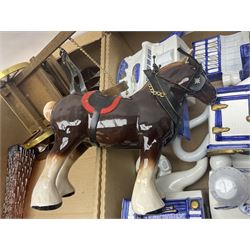 Commemorative ware, including mugs, shots glasses, plates and book etc, together with a ceramic shire horse and wooden cart, four Leonardo blue and white tea pots, and a collection of other ceramics and glassware, in three boxes 