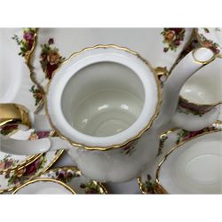 Royal Albert Old Country Roses pattern coffee service for six, comprising coffee pot, milk jug, cups and saucers, cake plate, together with miniature teapot, six teacups and saucers, six dinner plates, six side plates etc 