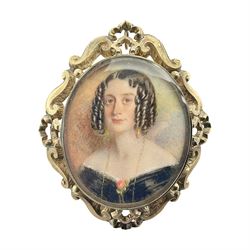 Victorian portrait miniature upon ivory, head and shoulder portrait of a young woman in bl...