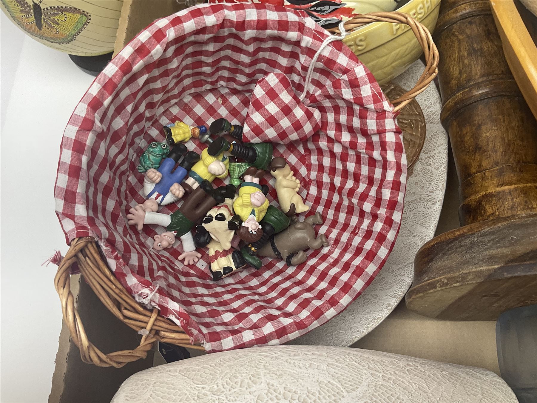 Hen on basket, together with glass vases and bowls, composite figures and other collectables, in four boxes  