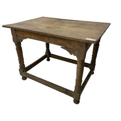 18th century oak joined table, rectangular pegged plank top on turned supports united by plain stretchers