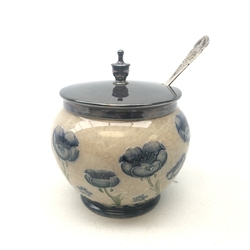  William Moorcroft for James Macintyre preserve jar decorated in the Poppy pattern with EPNS cover and silver preserve spoon by Allen & Darwin, 1909 (H8cm excluding cover)  