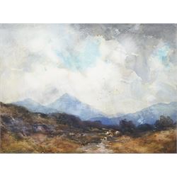 John A Henderson Tarbet (Scottish 1865-1938): Moorland Landscape with Highlands Behind, watercolour signed 27cm x 37cm