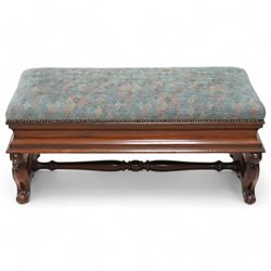 Victorian mahogany duet stool, upholstered hinged seat revealing storage, on shaped end su...