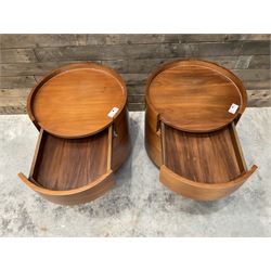 Pair of walnut circular barrel shaped lamp tables, fitted with single drawer