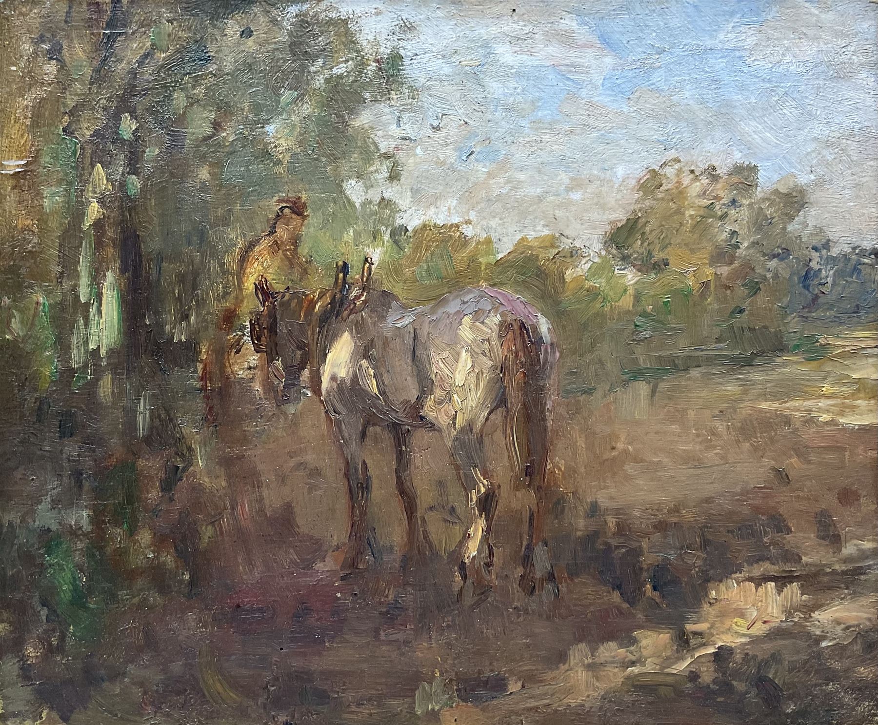 Circle of Arthur Spooner (British 1873-1962): Figure with Horse in Field, oil on panel unsigned, attributed verso 30cm x 35cm