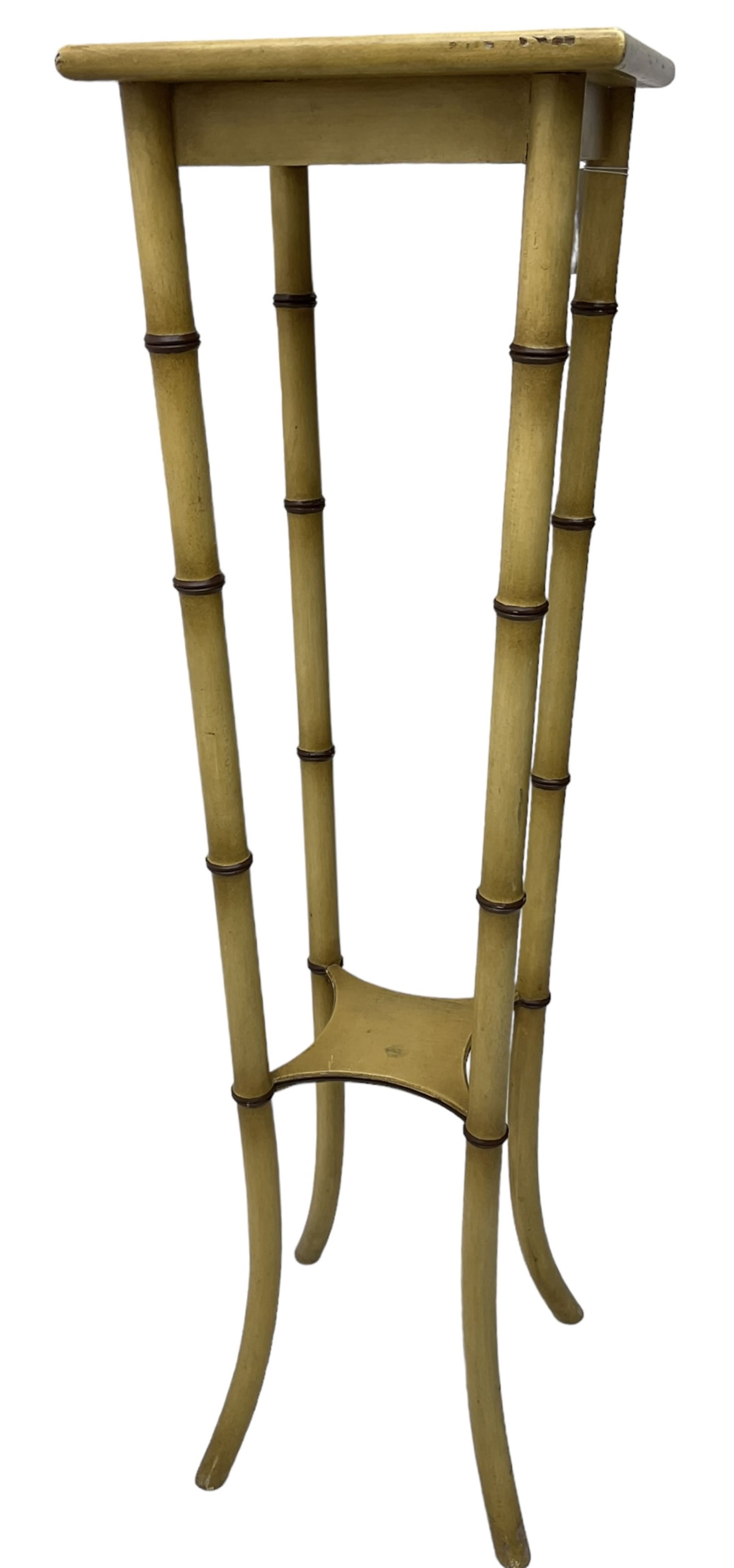 Simulated bamboo torchère or plant stand, square top on splayed simulated bamboo supports united by undertier 