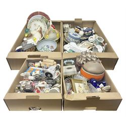 Two hen on nests, one modelled as a hen, one modelled as a duck, Wedgwood Jasperware lidded box, motto ware bottle and a collection of other ceramics, glassware etc, in four boxes 