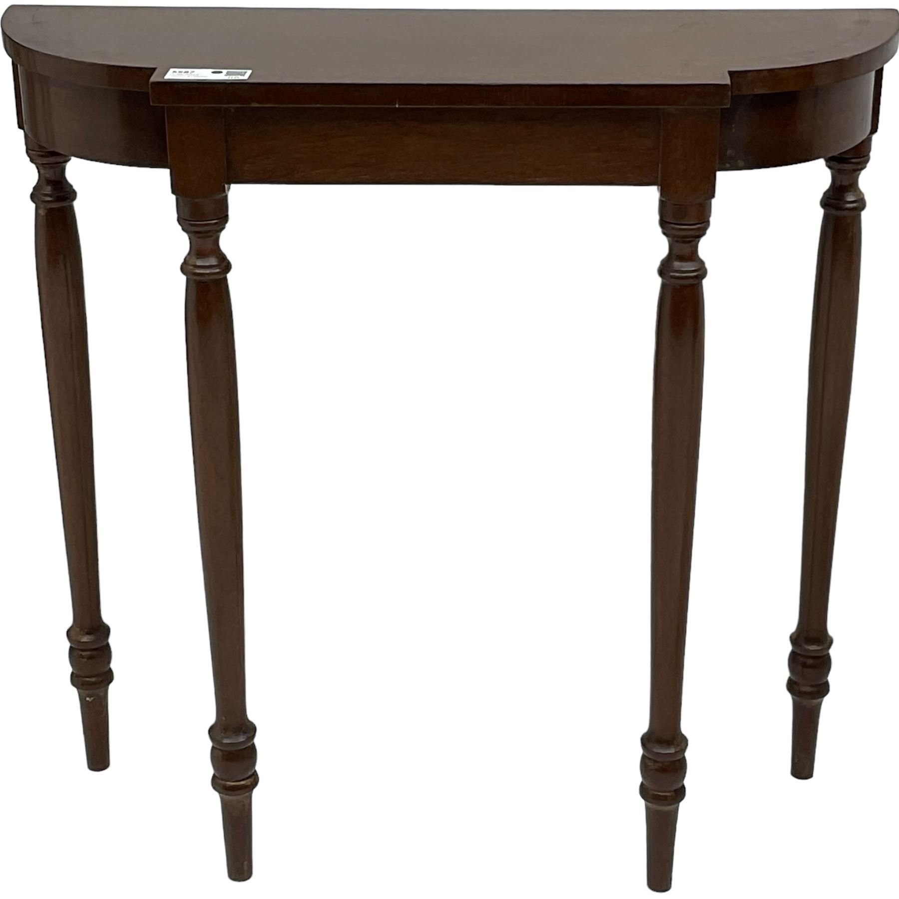 Early 19th century mahogany two-tier corner washstand (W58cm, H82cm); 20th century mahogany console table, on turned supports (W76cm, H75cm, D26cm)