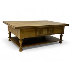 Barker & Stonehouse 'Flagstone' range mango wood coffee table, fluted rectangular top with marquetry inlay, over two drawers with turned supports connecting undertier, raised on bun feet 