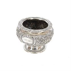 Victorian Scottish silver sugar bowl, of circular form with repousse and chased floral and...