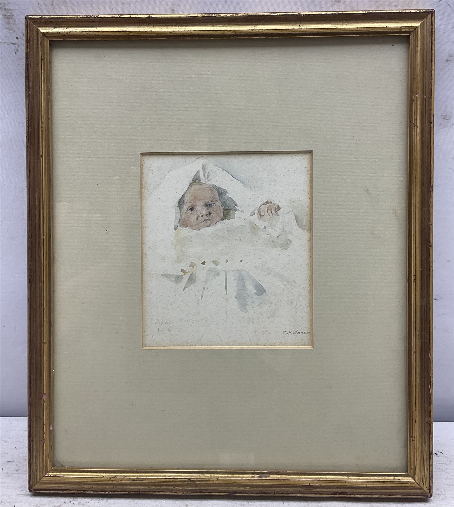 Mary Annie Sloane (British 1867-1961): Portrait of the Artist's Son 'Peter', watercolour signed titled and dated 1918, 13cm x 11.5cm 
Notes: Sloane was a student of Sir Hubert von Herkomer (British 1849-1914) from whom she developed her skills in etching and engraving, her watercolours are more uncommon. 