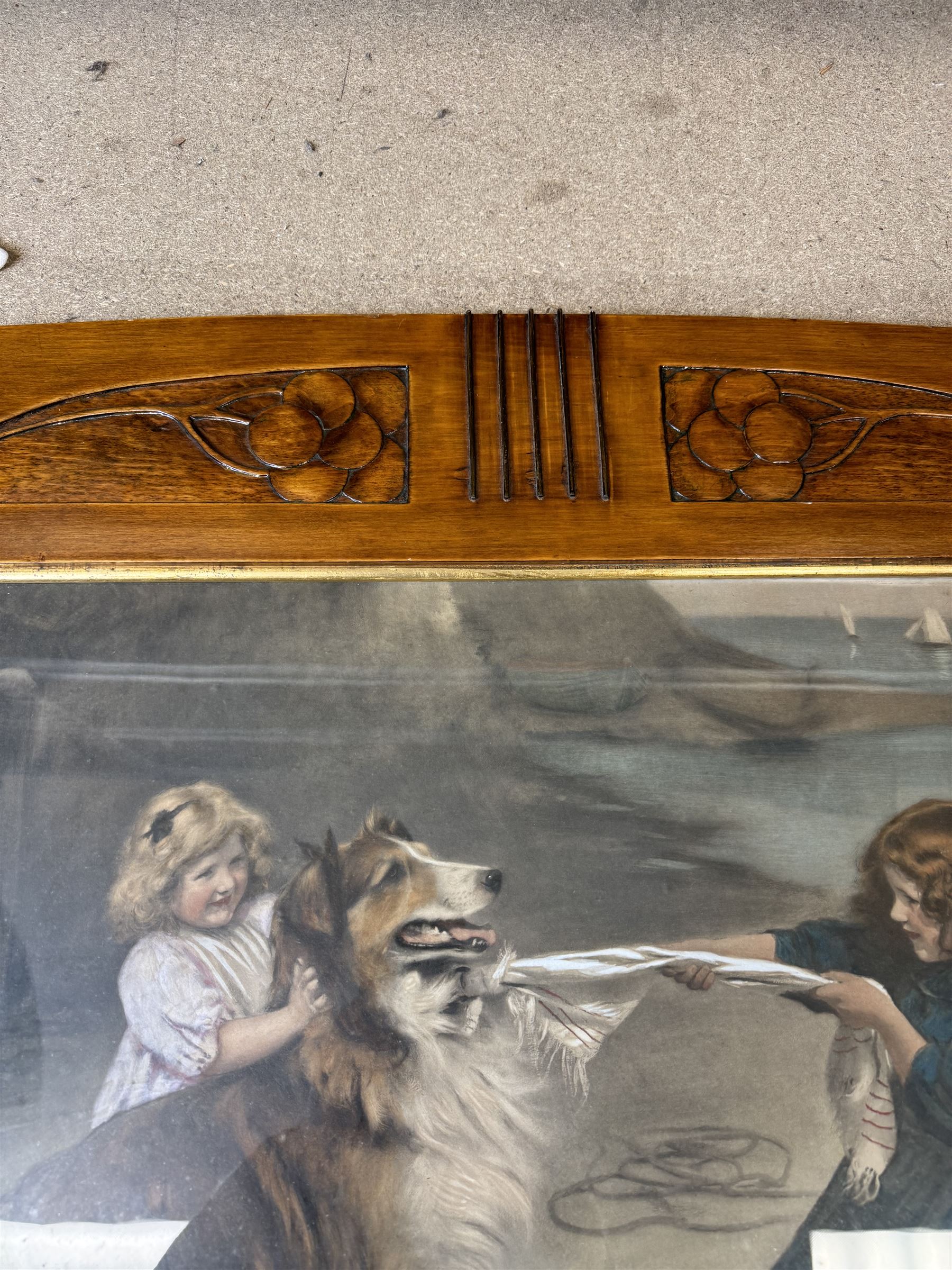 Arts and Crafts Motto frame, circa 1900, inlaid with an oval plaque depicting a cottage, two inlaid motto panels with title inlaid below 