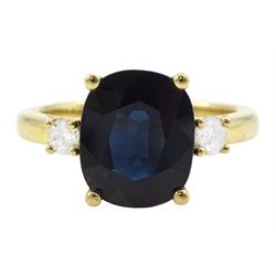 18ct gold three stone sapphire and round brilliant cut diamond ring, hallmarked, sapphire approx 3.95 carat