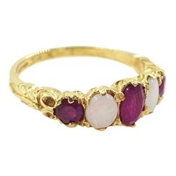 14ct gold five stone oval cut ruby and opal ring, London 2006