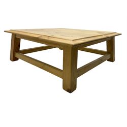 Pine coffee table, moulded top square top raised on splayed supports united by box stretchers 