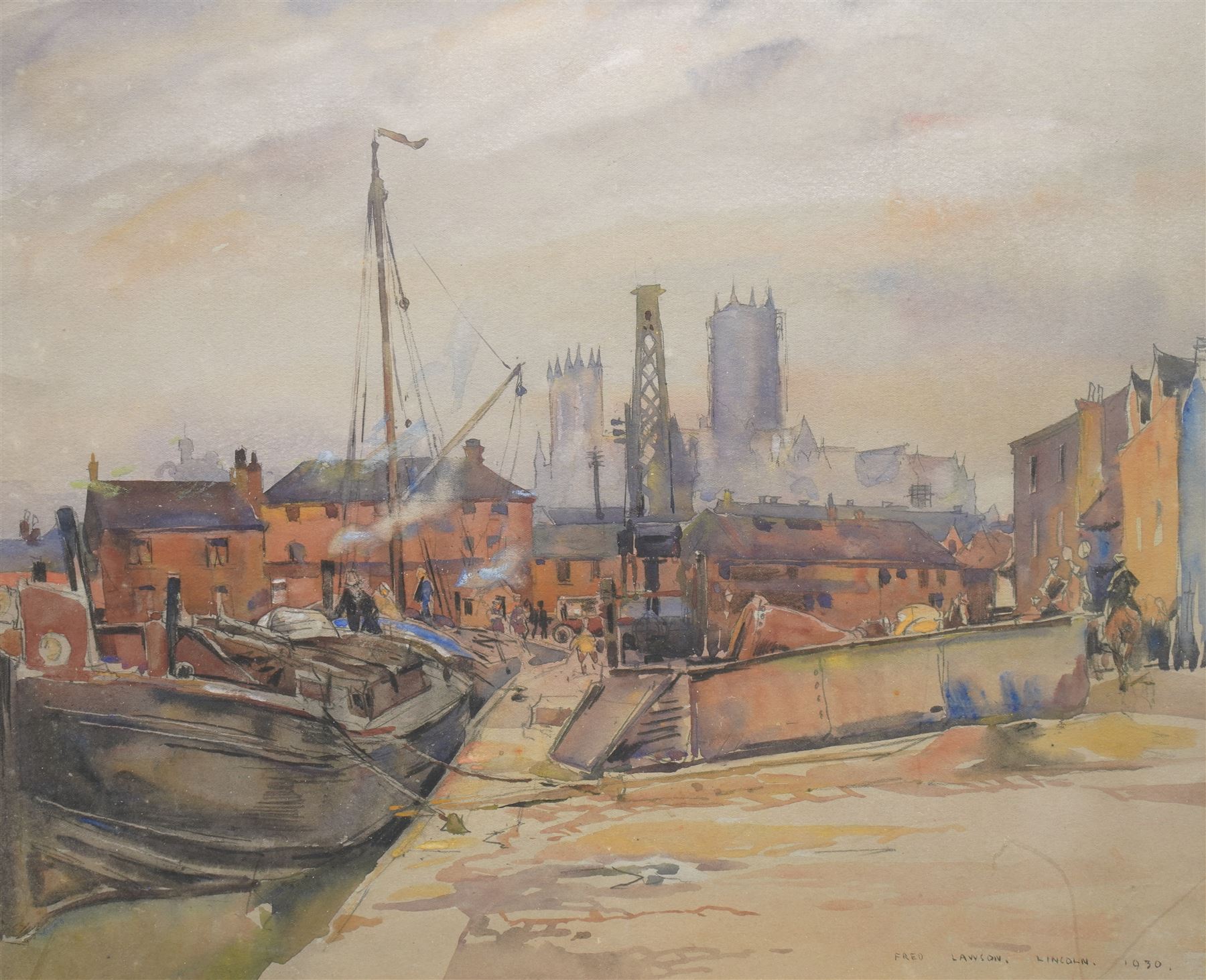 Frederick (Fred) Lawson (British 1888-1968): 'Lincoln' Docks with Cathedral Behind, watercolour signed titled and dated 1930, 36cm x 44cm