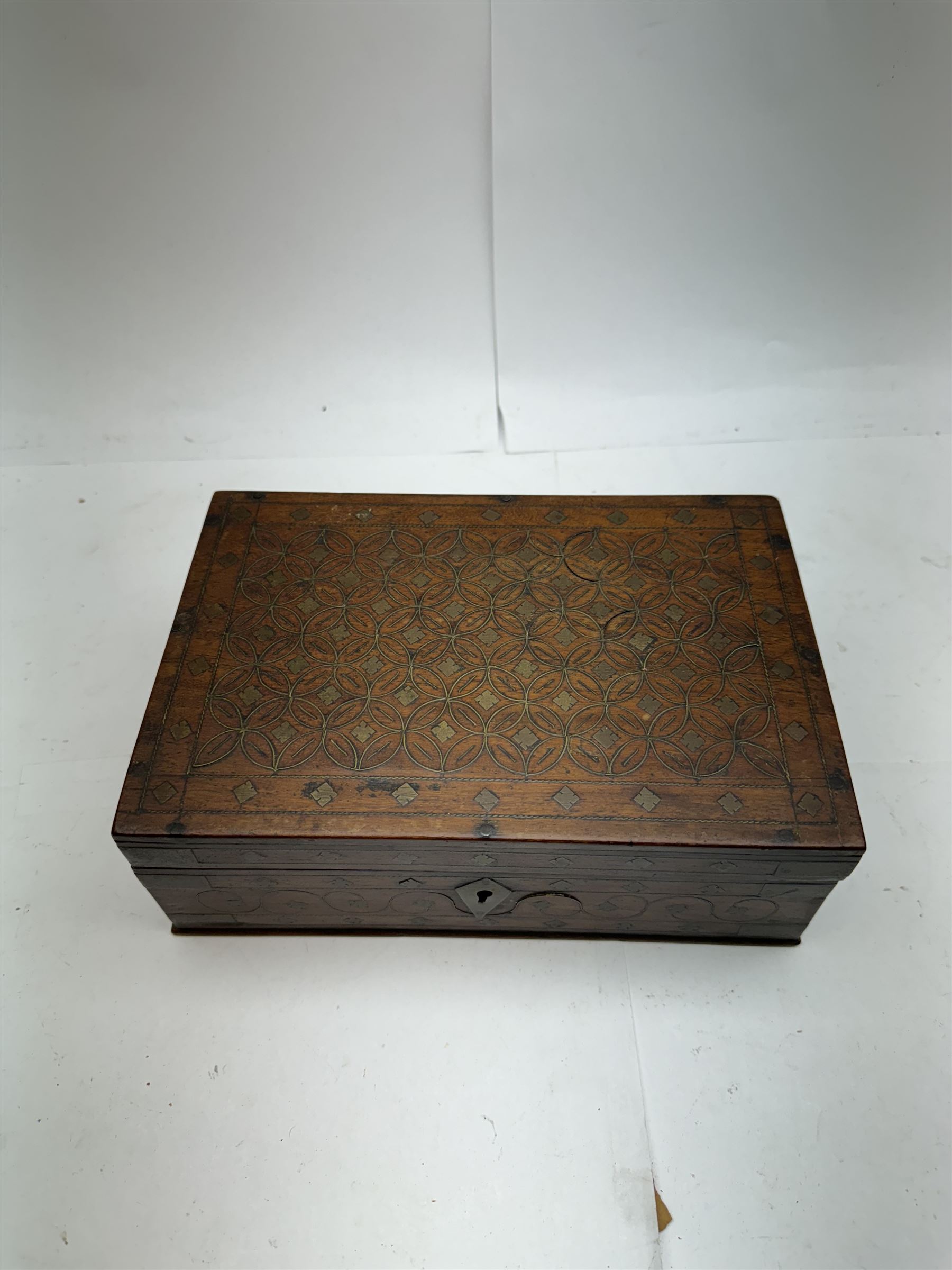 Three inlaid wooden boxes, together with an oak table top cabinet, tallest H42cm