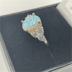 Silver opal and cubic zirconia cluster ring, stamped 925, boxed 