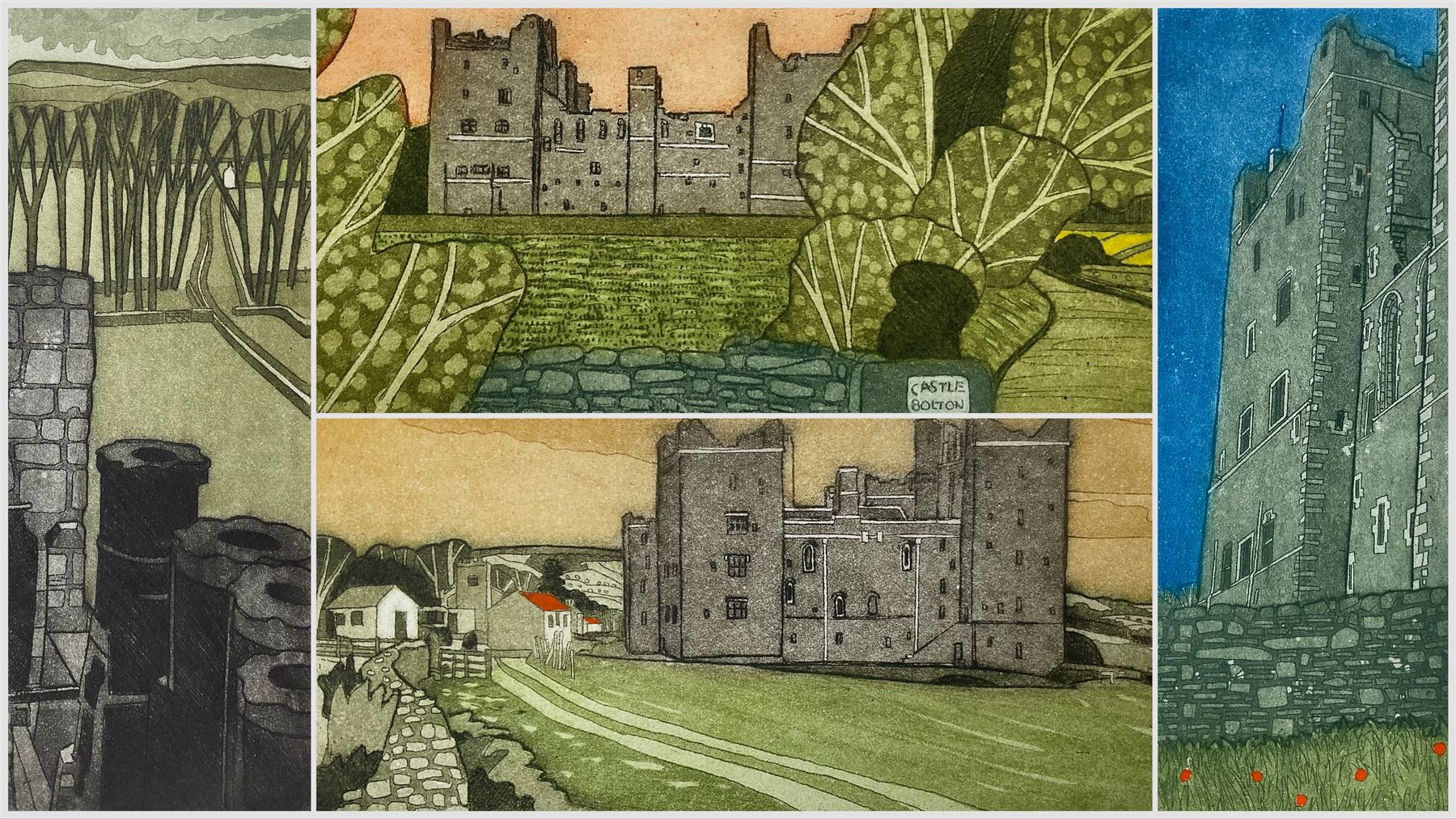 John Brunsdon ARCA (British 1933-2014): Views of Bolton Castle - Wensleydale, set four coloured etchings with aquatint signed titled and numbered in pencil 17cm x 37cm (4) (unframed)